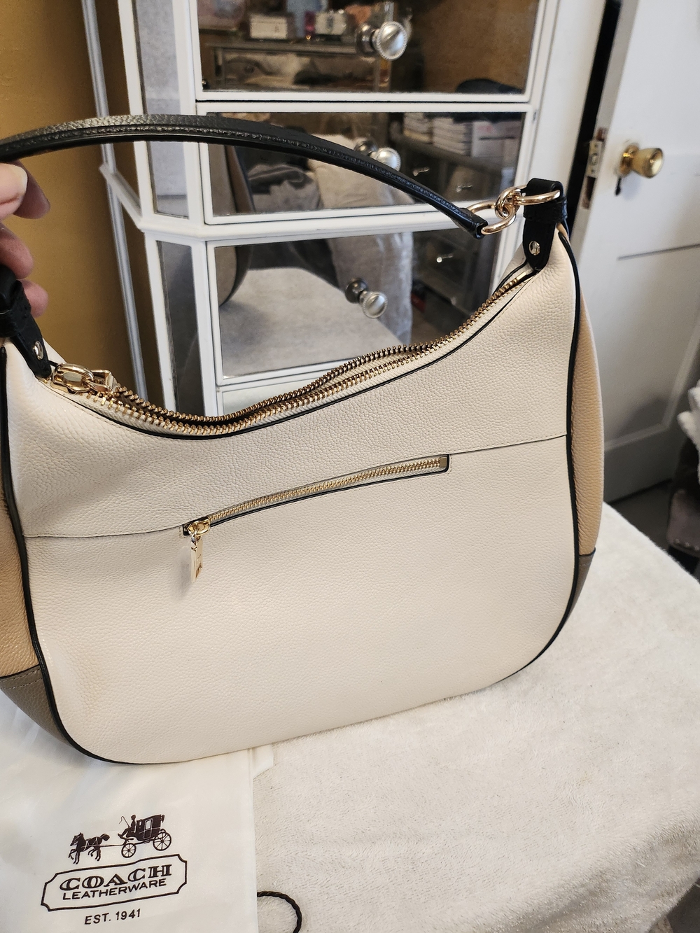Coach Cream and Tan Pebbled Leather Hobo with Gold Hardware and Black Trim - Picture 4 of 6